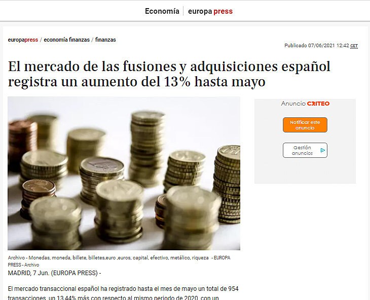 El mercado de las fusiones y adquisiciones espaol registra un aumento del 13% hasta mayo